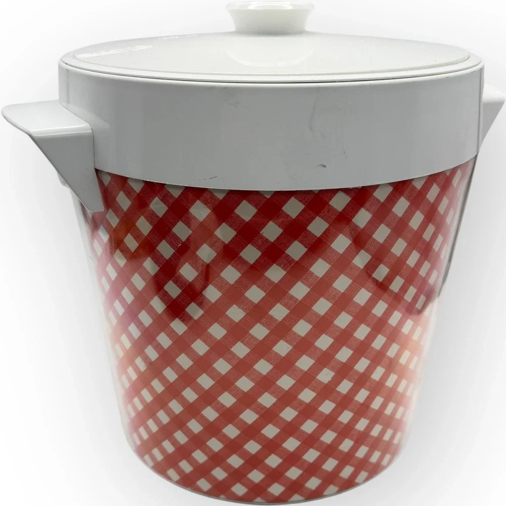 Vintage Thermo Serv West Bend Ice Bucket Red White Gingham Checkered Picnic MCM